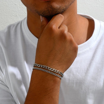 AIDASE  -  Stainless Steel Cuban Chain Bracelet Set Silver Color Titanium Steel MenBracelet Fashion Jewelry Trend Accessories Men Gift aidase-shop